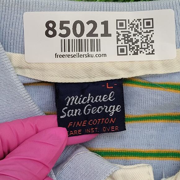 Vintage 90s MOD Stripes Polo Shirt Small 18x26 Blue Green Yellow - Picture 8 of 12